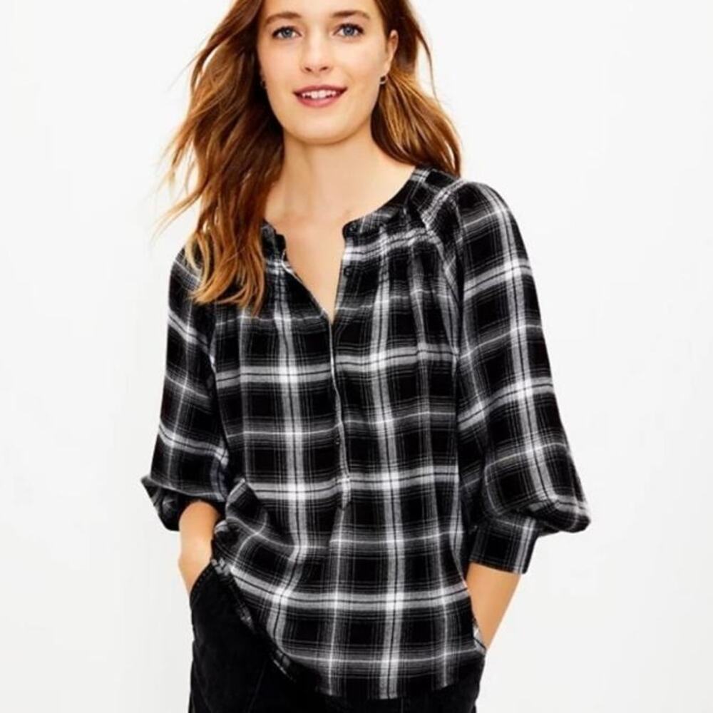 LOFT Black & White Plaid Peasant Blouse (L)